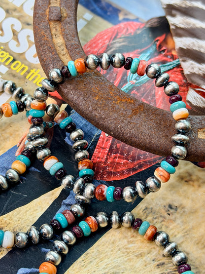 Turquoise & Spiny Oyster Desert Pearls Oxidized Bead Stretch Bracelet Sterling Silver