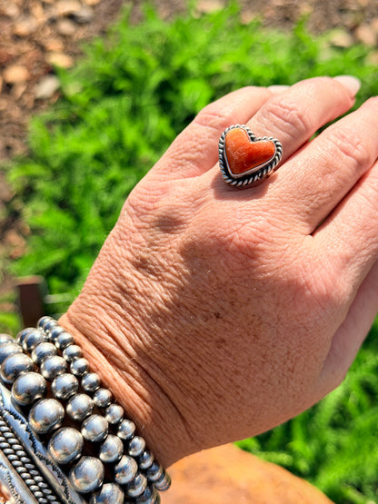 Authentic Adjustable Native America Navajo Sterling Silver Orange Spiny Oyster Heart Ring By C. Belone