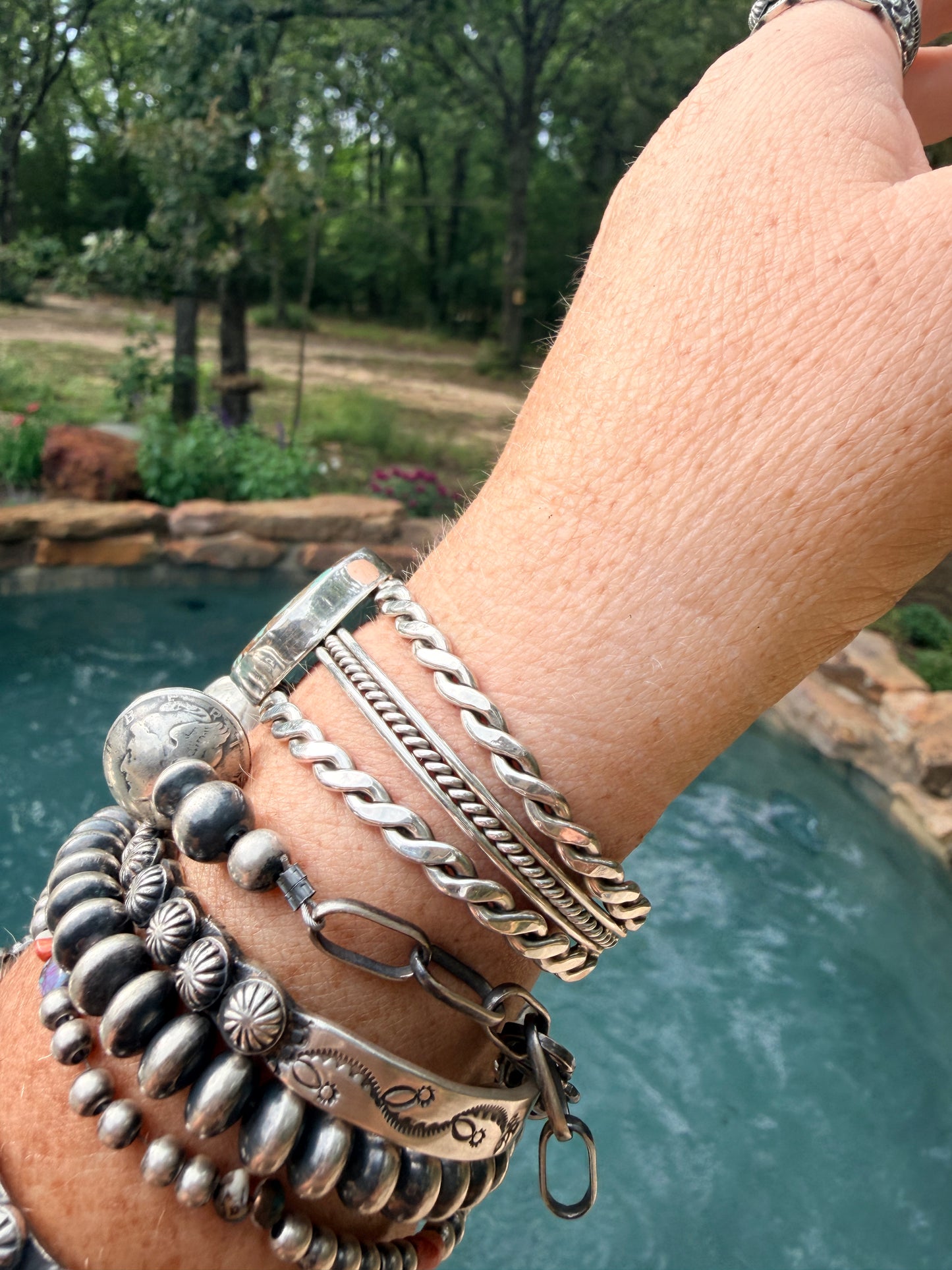 Native Made Mine Number 8 Turquoise Cuff with Sterling Silver Design