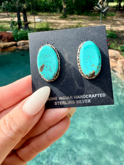 Native Made Large Oval Turquoise Post Earrings By Mike Dedman