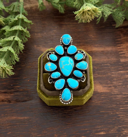 Native Made by Sheila Becenti, 13 Stone Kingman Turquoise & Sterling Sliver Adjustable Cluster Ring