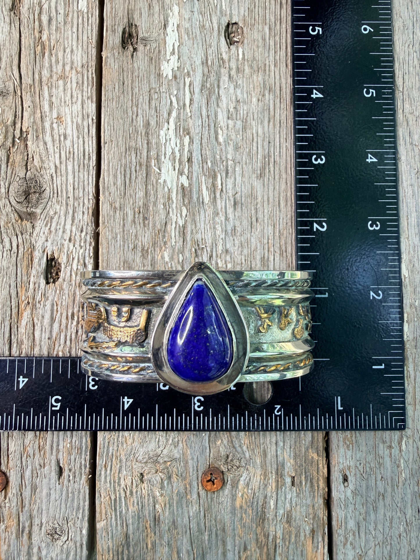 Vintage Navajo Lapis, Gold and Silver Storyteller Cuff