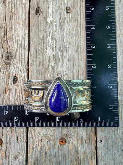 Vintage Navajo Lapis, Gold and Silver Storyteller Cuff