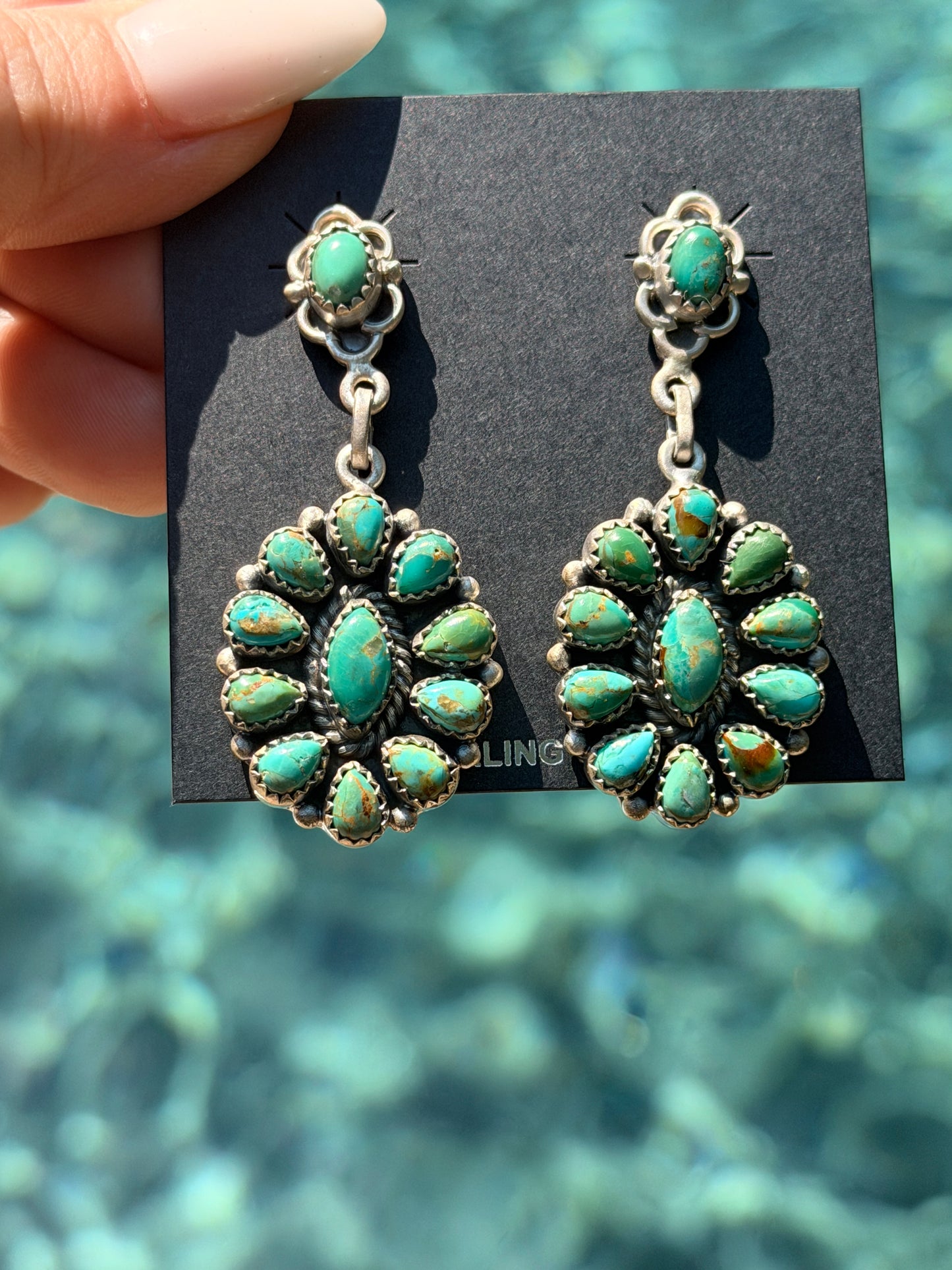 Handmade Kingman Turquoise and Sterling Silver Cluster Post Dangle Earrings