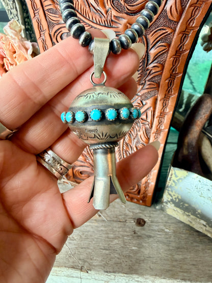 Giant Navajo Made Kingman Turquoise & Sterling Silver Blossom Pendant by Monica Smith