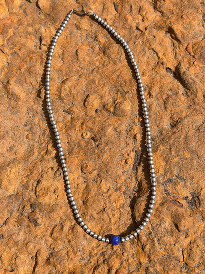 Native Made Lapis and Sterling Silver 4mm Pearl Necklace 20”
