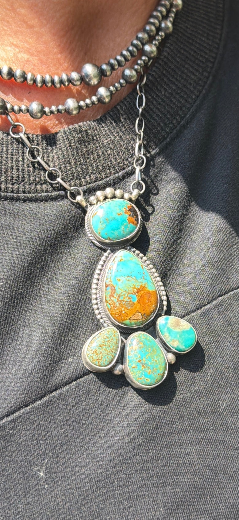 Native Made by Timothy Yazzie Evans, Turquoise & Sterling Silver Cluster Necklace