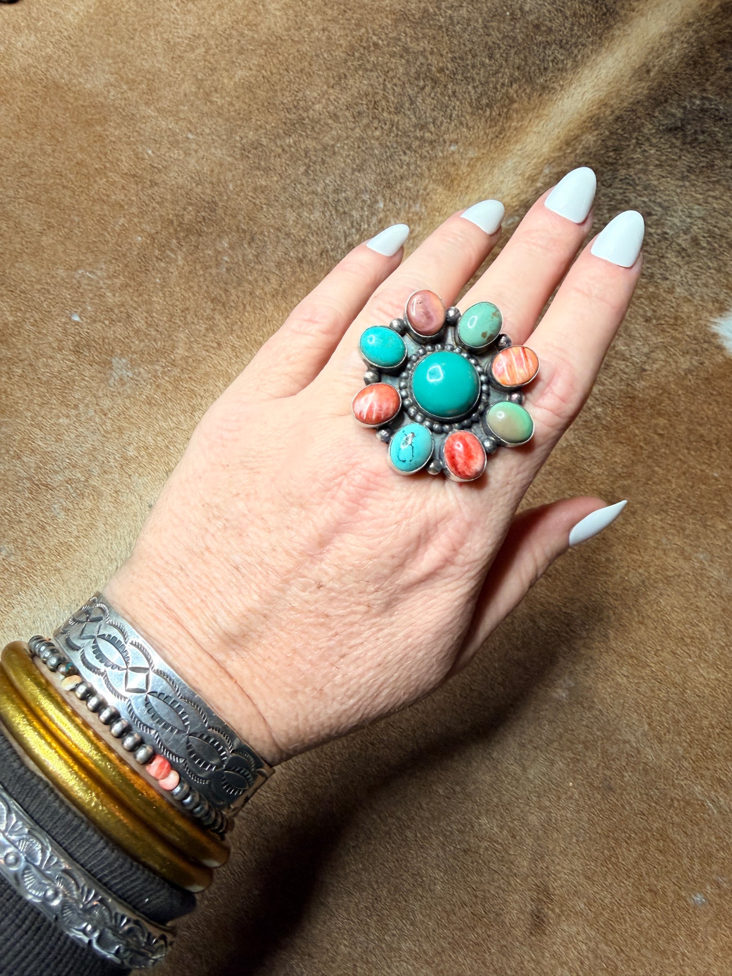 Turquoise and Orange Spiny Adjustable Navajo Cluster Ring by Wilson Dawes
