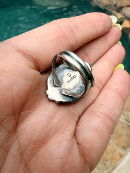 Native American Sterling Silver Spider Web Turquoise Ring By Charlie Yazzie . Ring size: 7