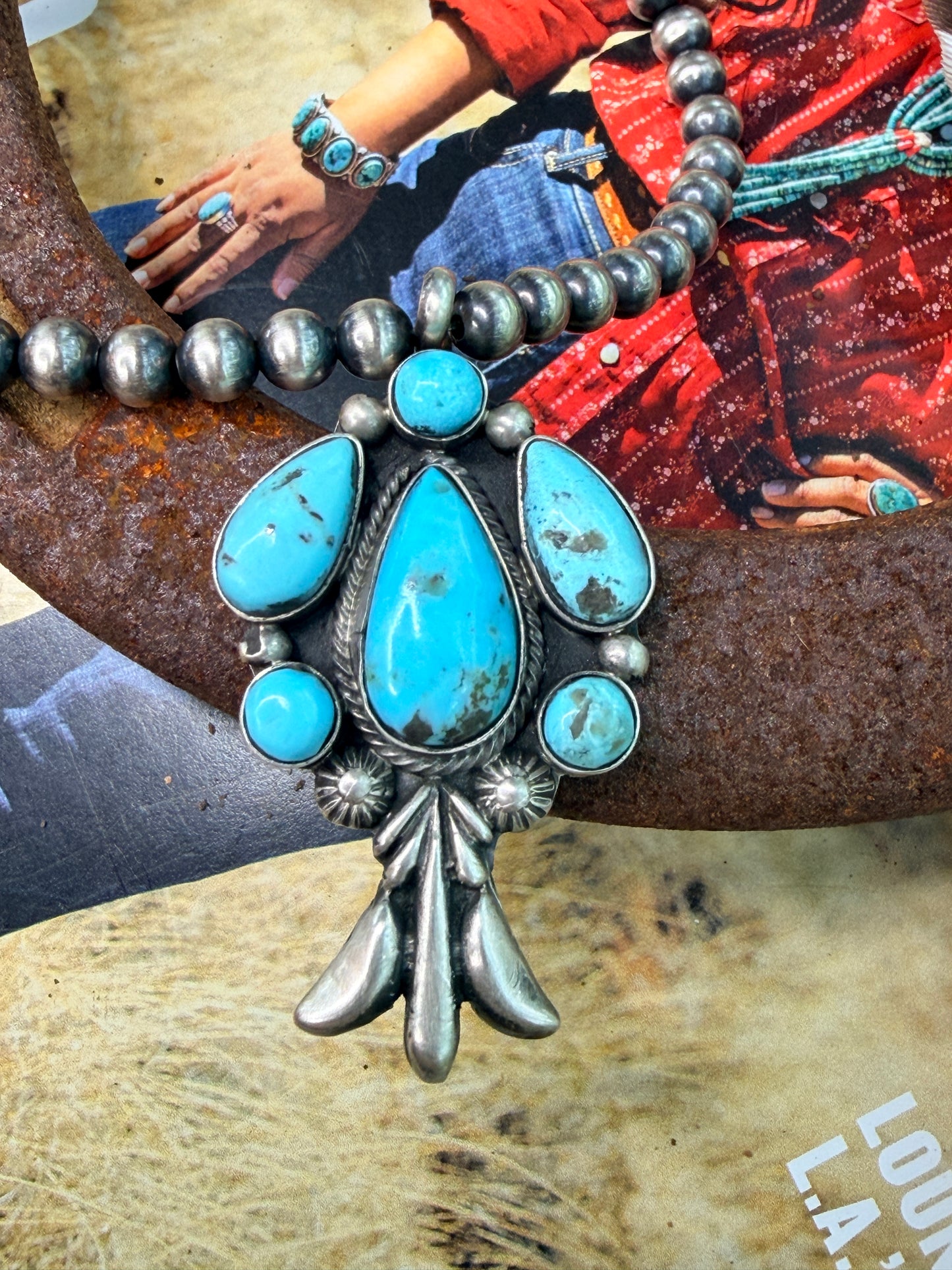 Native Made Turquoise Cluster Pendant Necklace