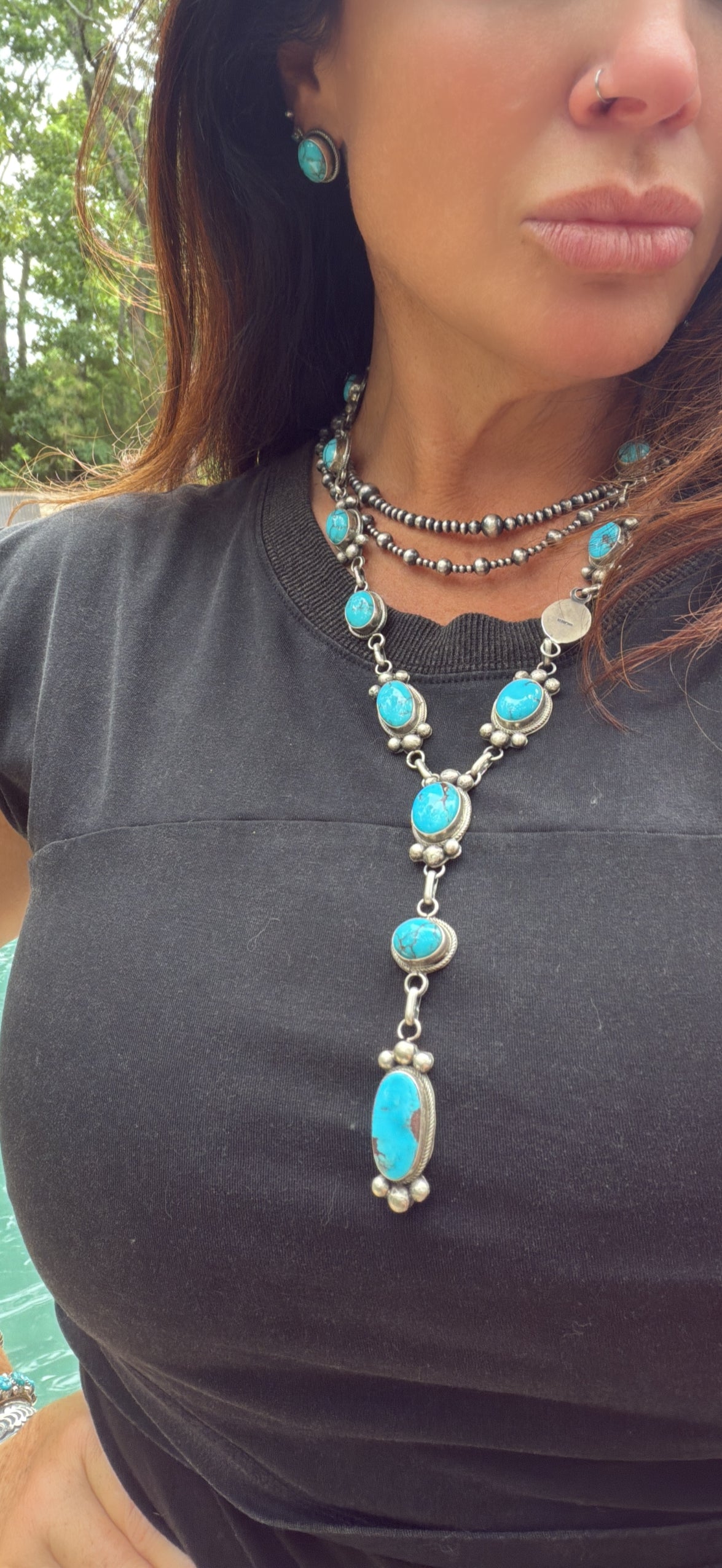 Native Made Egyptian Prince Turquoise & Sterling Silver Lariat Necklace & Earring Set