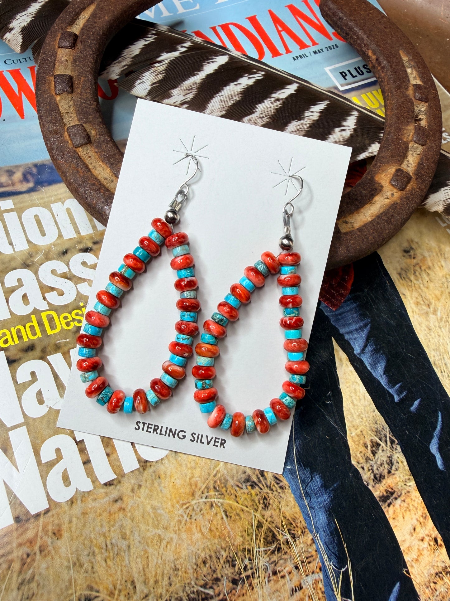 Navajo Handmade Red Spiny and Turquoise Beaded Earrings