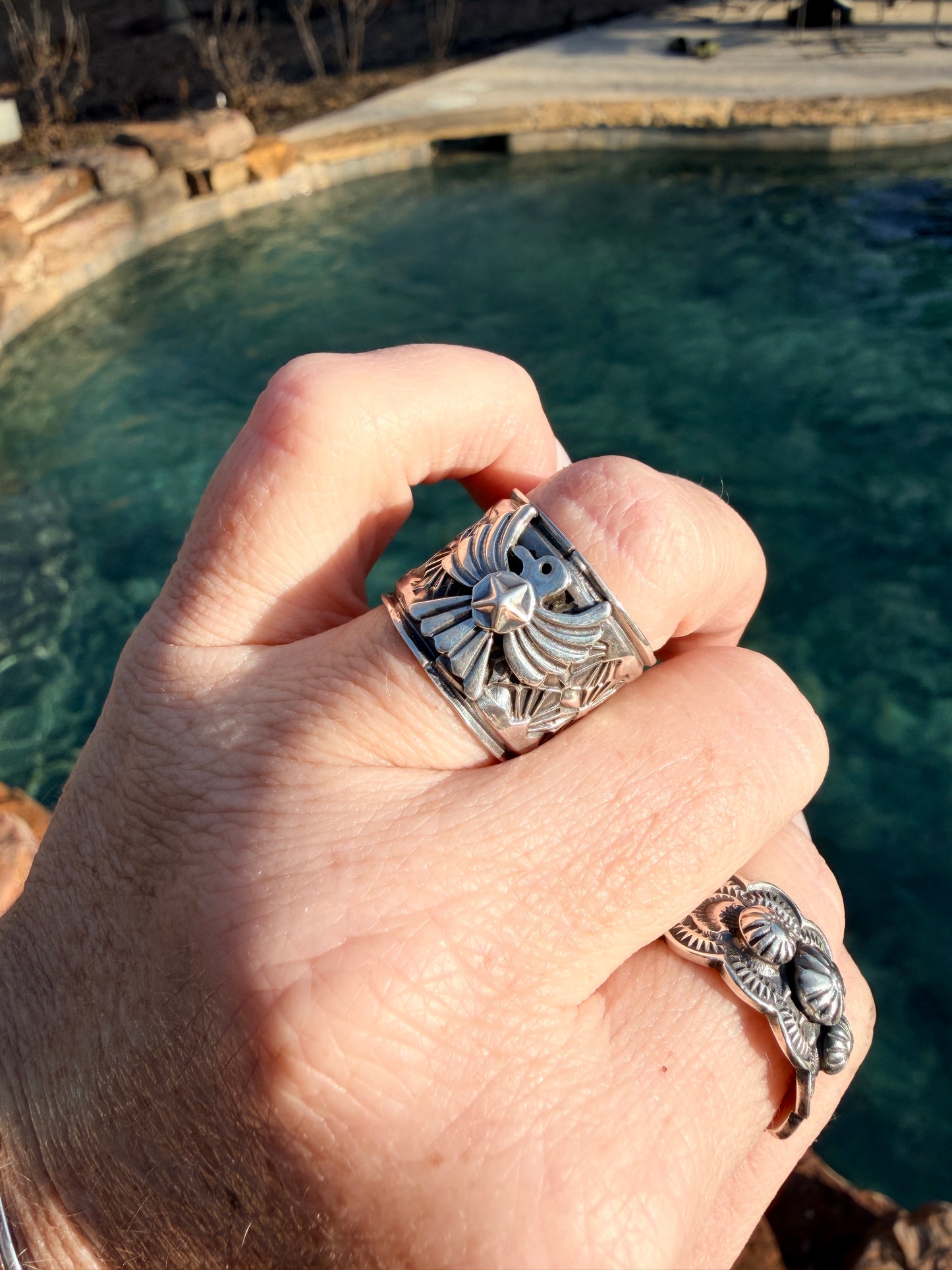 Delayne Reeves Handmade Navajo Sterling Silver Wide Band Ring Thunderbird size 6.5