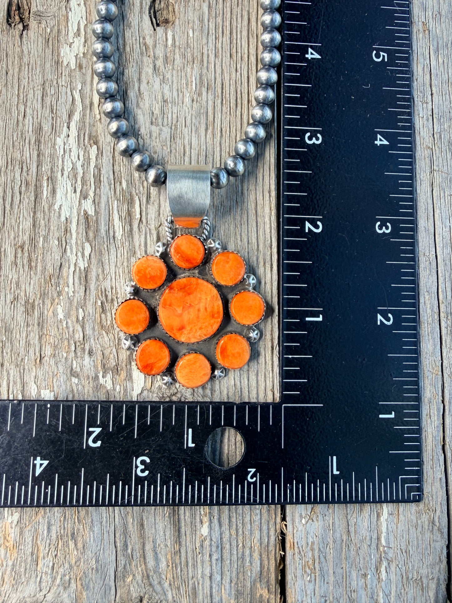 Native Made Spiny Oyster Flower Cluster Pendant on 6mm Pearls
