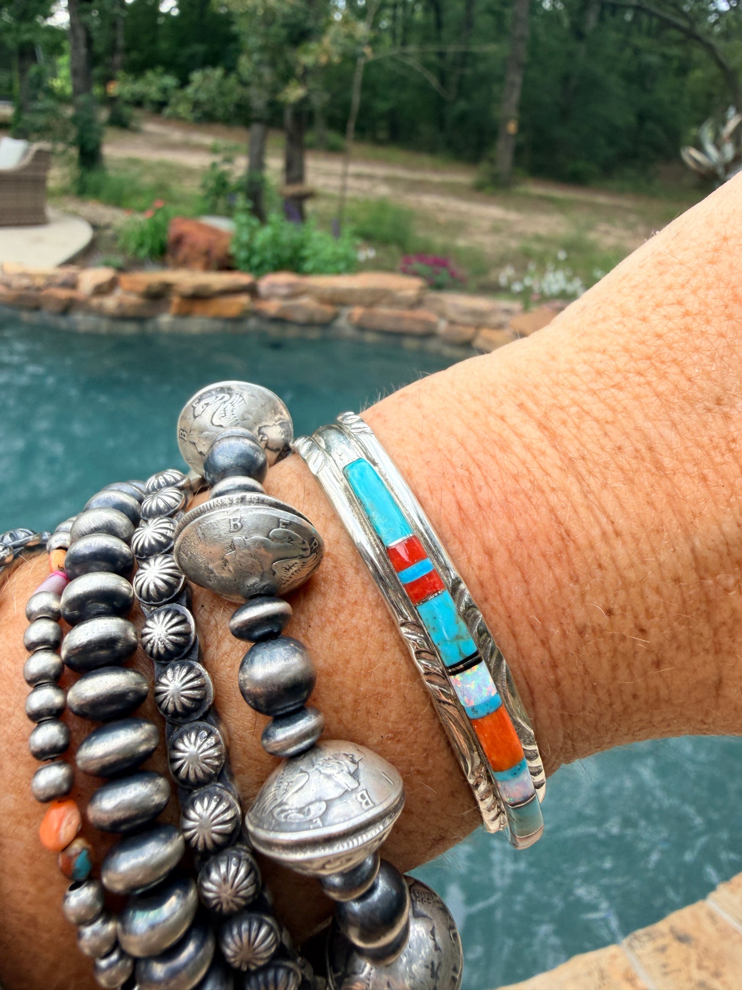 Native Made Multi-Color Stone Inlay Cuff By Mary Lincoln