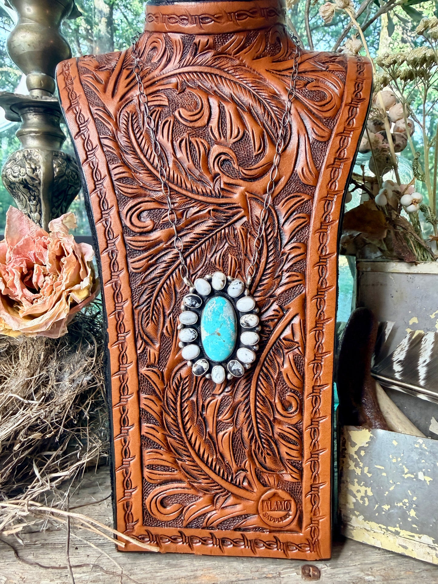 Native Made White Buffalo and Turquoise Cluster Necklace by Sheila Becenti