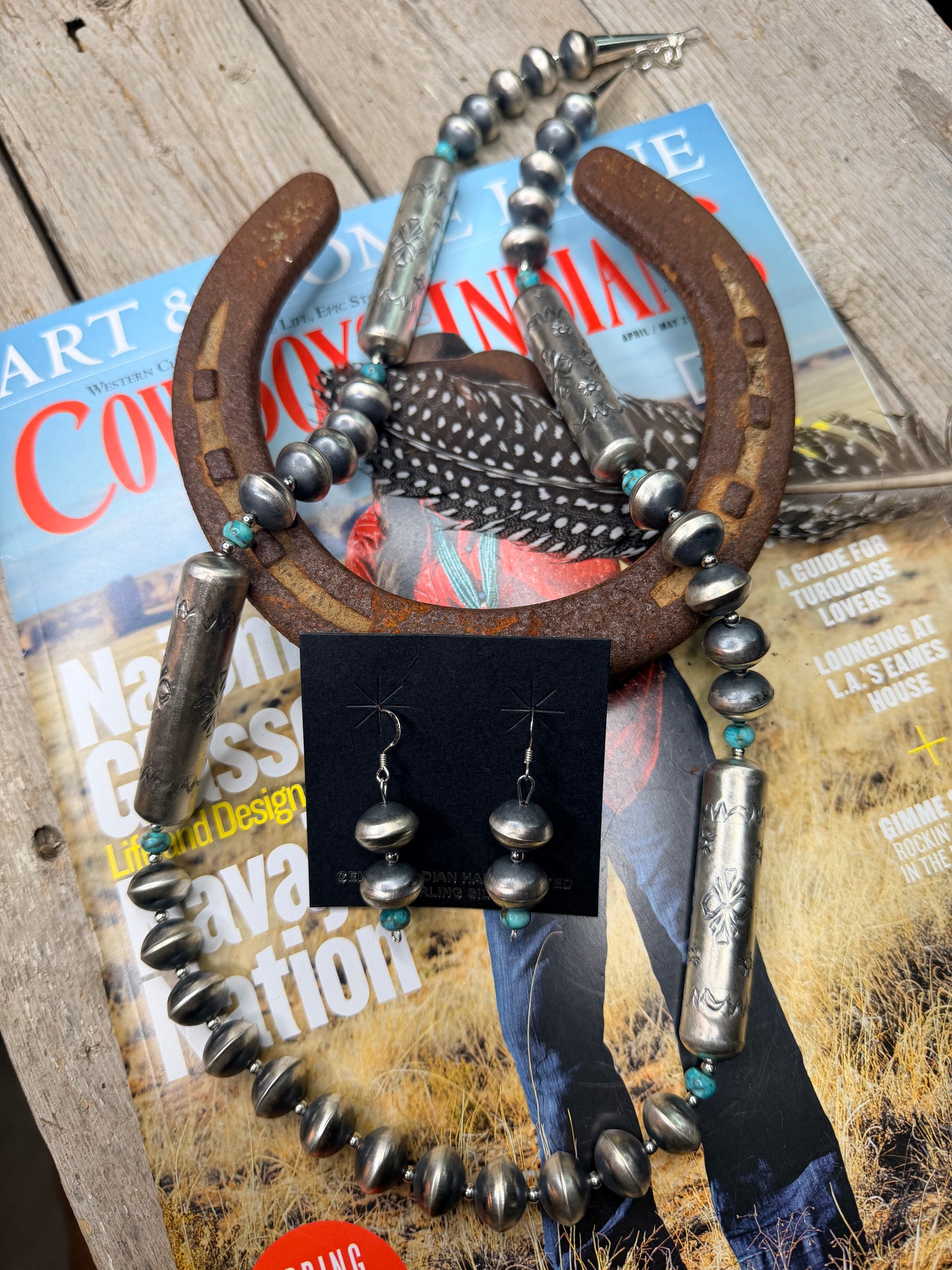 Sharon Cooley 30” Handmade, Handstamped Navajo Pearl Necklace and Earring Set
