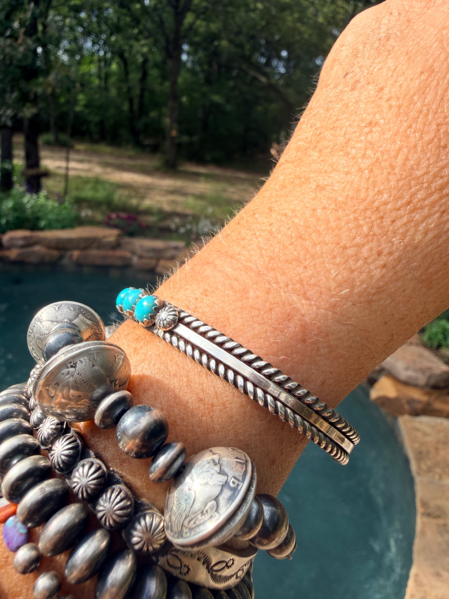 Native Made 3 Stone Turquoise Cuff with Rope Design