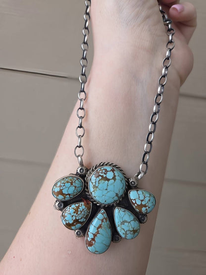 Authentic Native Made 18” Mine Number 8 Turquoise Cluster Necklace by Augustine Largo