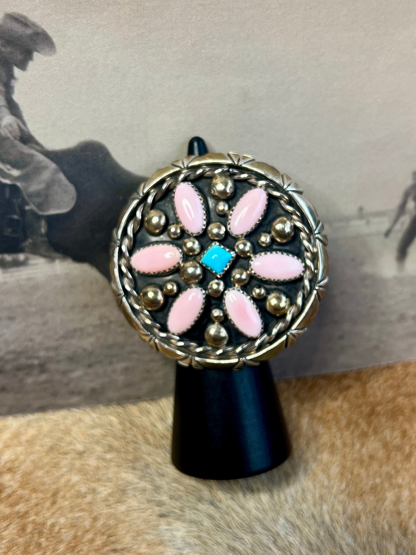 Native Made Pink Conch and Turquoise Cluster Ring Size 5 Sterling Silver J Begay