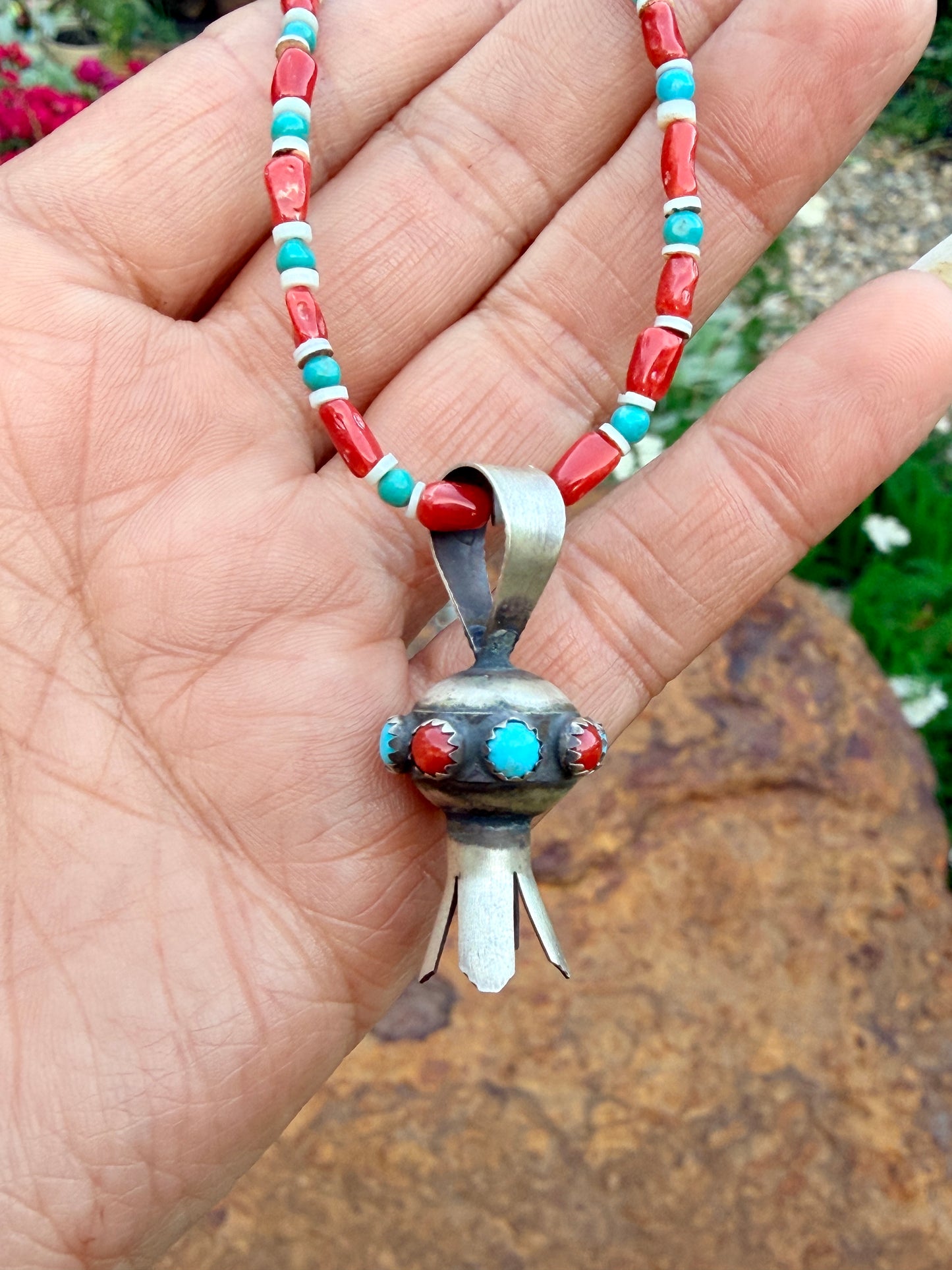 Squash Blossom Pendant on Beaded Necklace by Monica Smith
