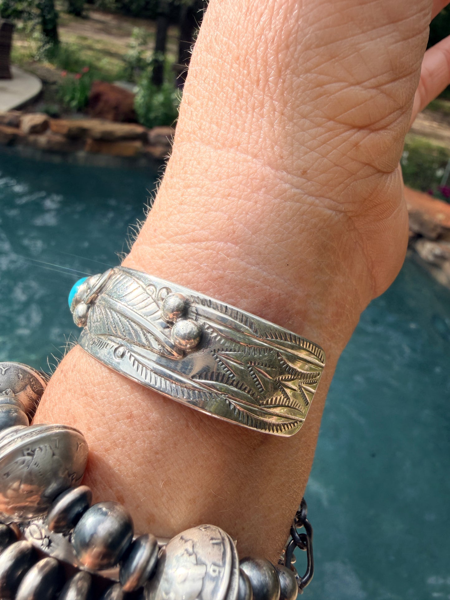 Wilbert Myers Sterling Silver & Turquoise Navajo Bracelet with Three Stones