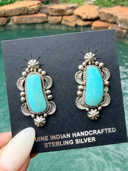 Native Made Detailed Sterling Silver and Turquoise Post Earrings by Sadie Jim