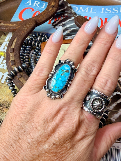 Gorgeous Navajo Made Kingman Turquoise & Sterling Silver Ring Size 8