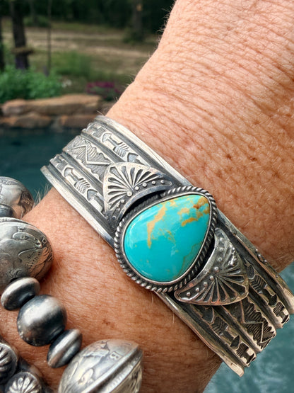 Carico Lake Turquoise Handstamped by Renowned Navajo Artist Sunshine Reeves
