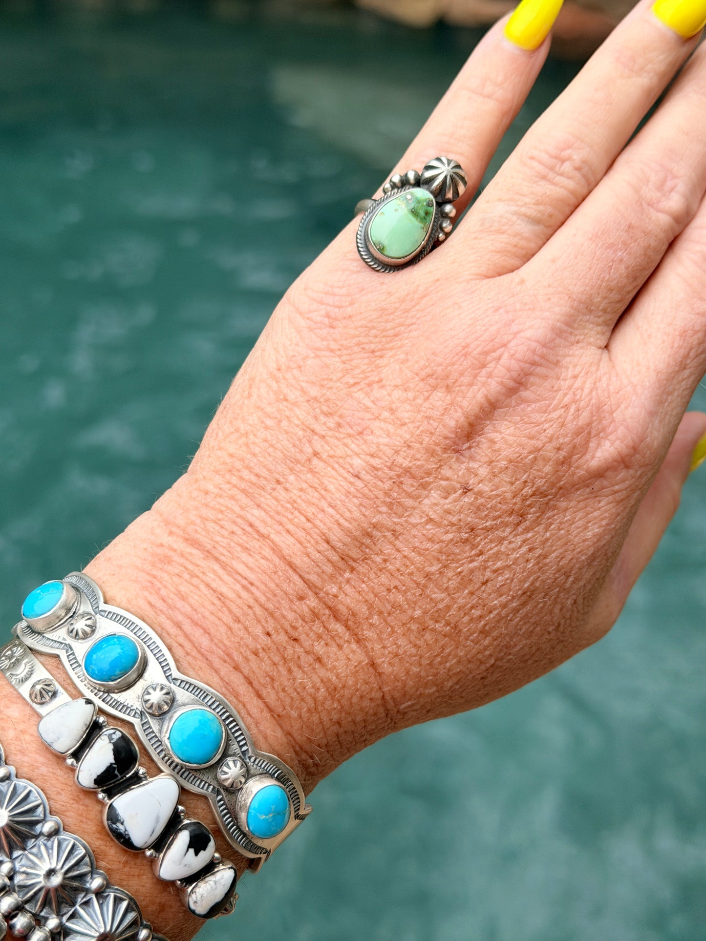 Marie Tsosie Sonoran Gold Turquoise &
Sterling Silver Ring Size 5.25