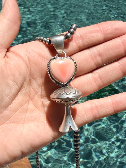 Native Made Sterling Silver & Queen Pink Conch Heart Blossom Pendant by Jon McCray