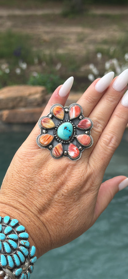 Navajo Made Multi Stone & Sterling Silver Cluster Adjustable Ring