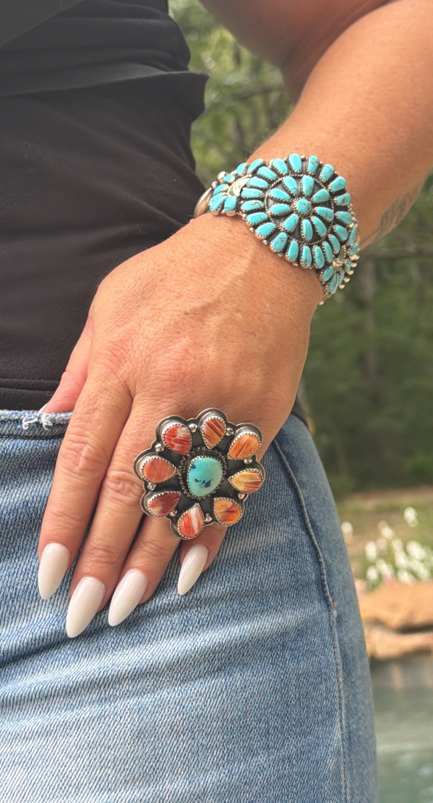 Navajo Made Multi Stone & Sterling Silver Cluster Adjustable Ring