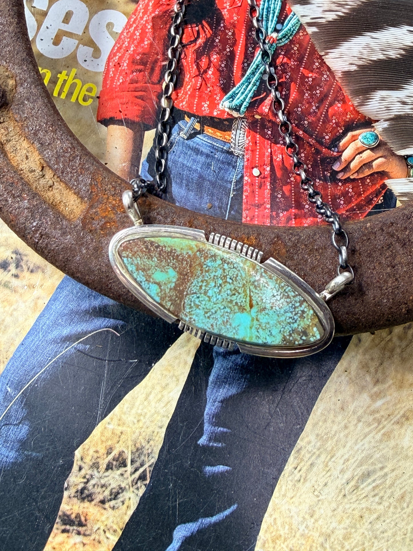 Navajo Sterling Silver Numver 8 Turquoise Inlay Necklace By Steve Francisco