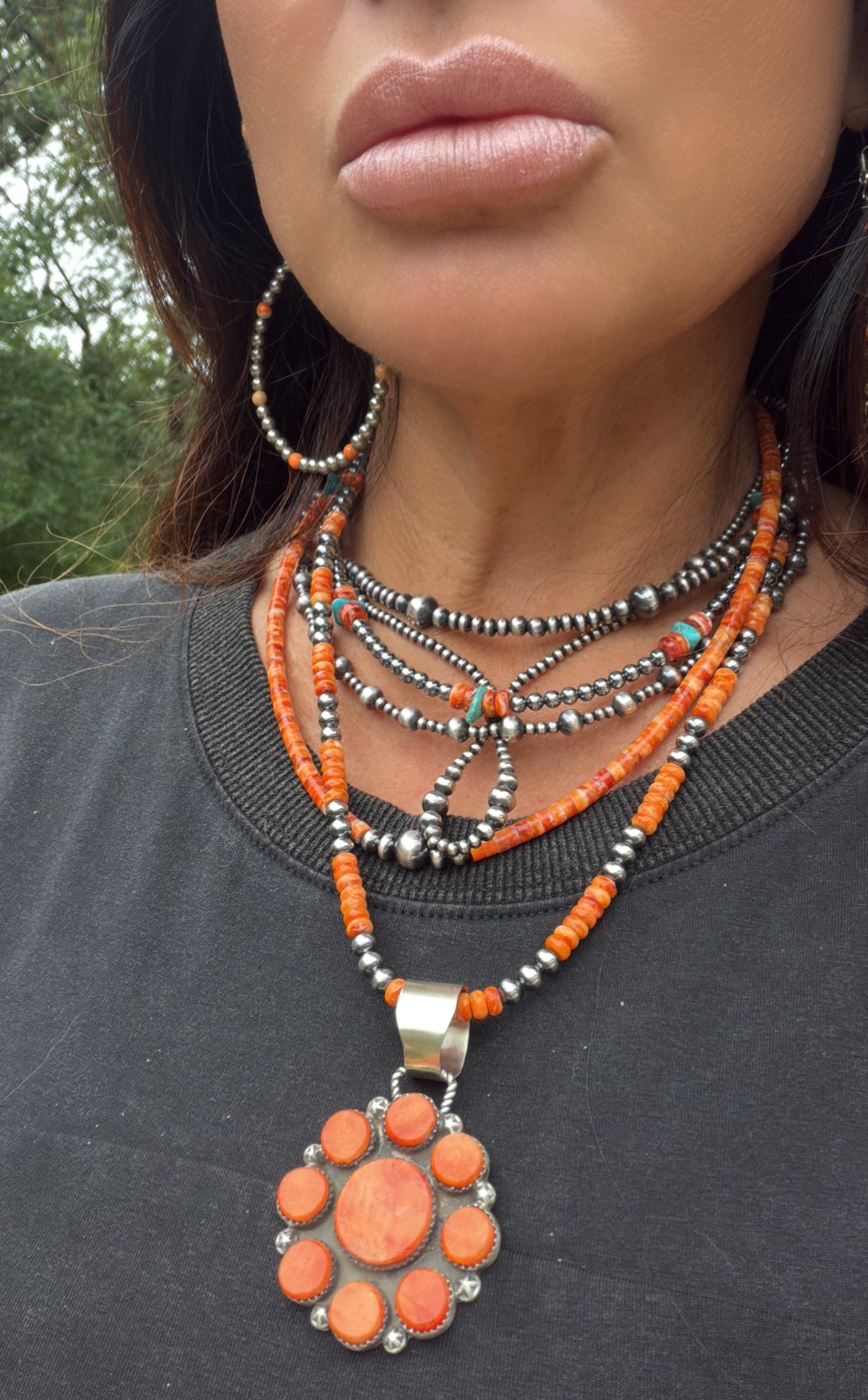 Native Made Spiny Oyster Flower Cluster Pendant on 6mm Pearls