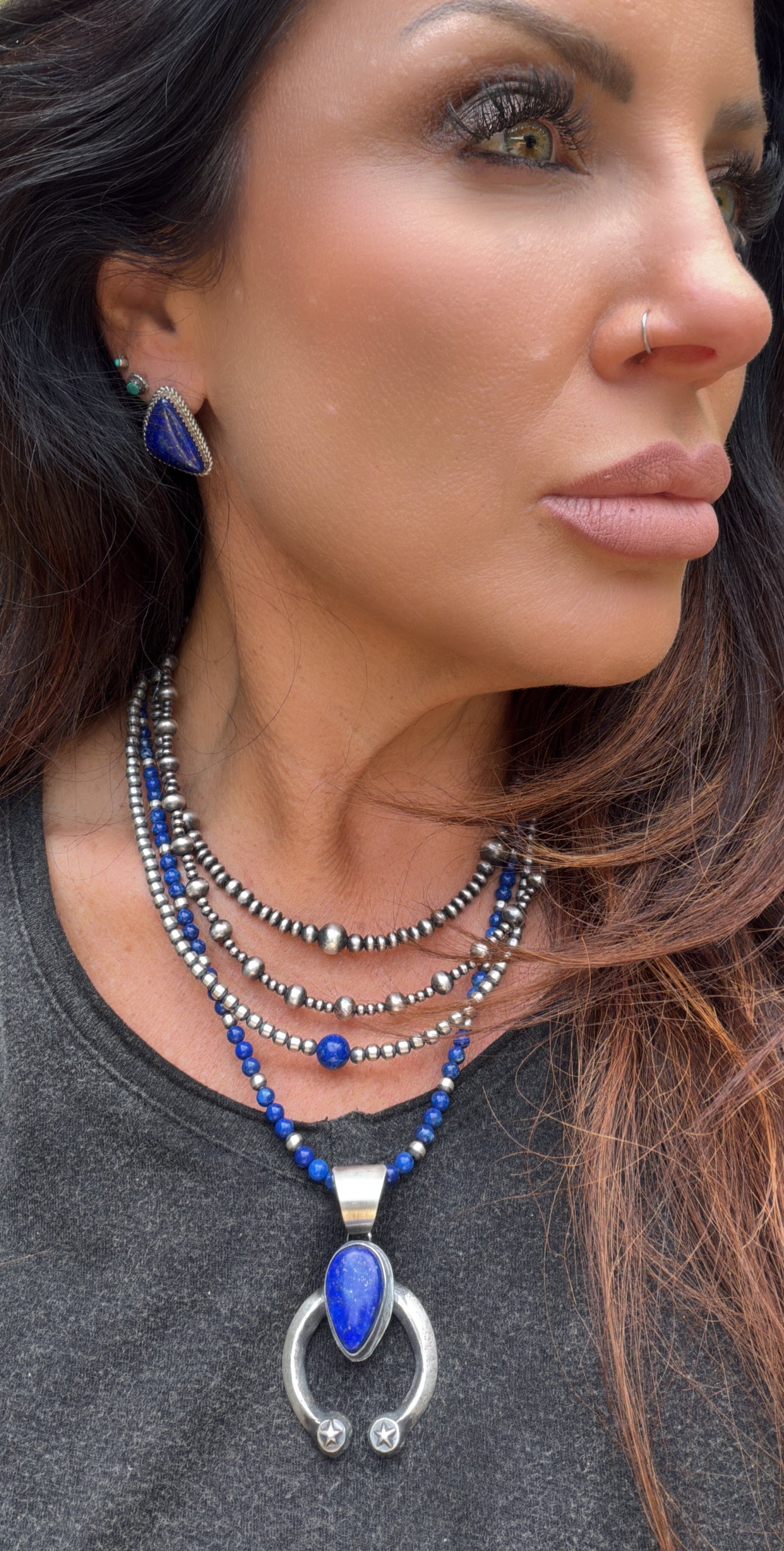 Native made Lapis and Sterling Silver 4mm bead necklace 20”