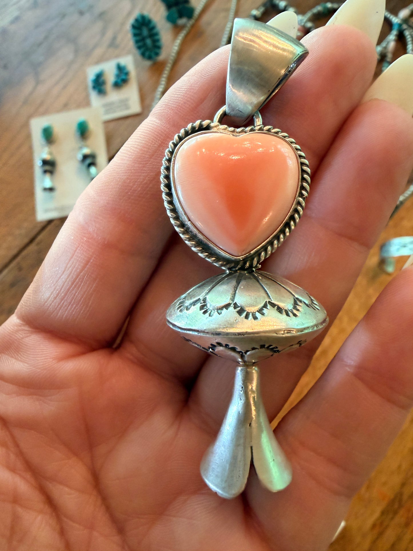 Native Made Sterling Silver & Queen Pink Conch Heart Blossom Pendant by Jon McCray