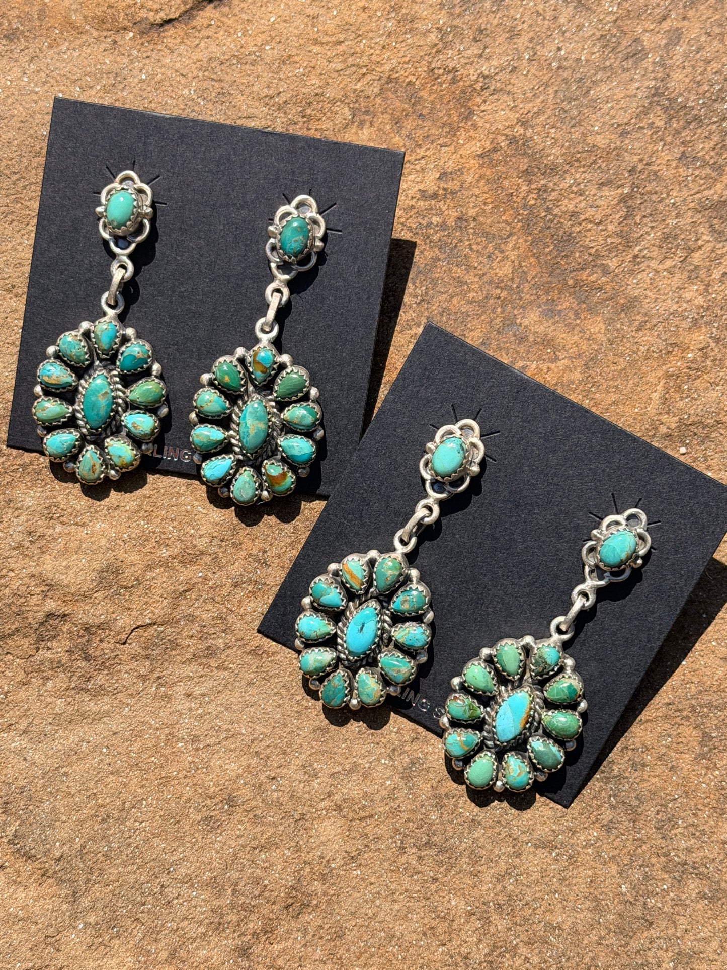 Handmade Kingman Turquoise and Sterling Silver Cluster Post Dangle Earrings
