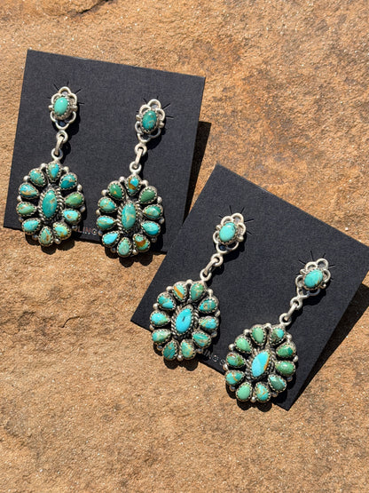 Handmade Kingman Turquoise and Sterling Silver Cluster Post Dangle Earrings
