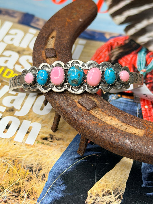 Native Made Nevada Turquoise and Pink Conch Cuff by Russell Sam