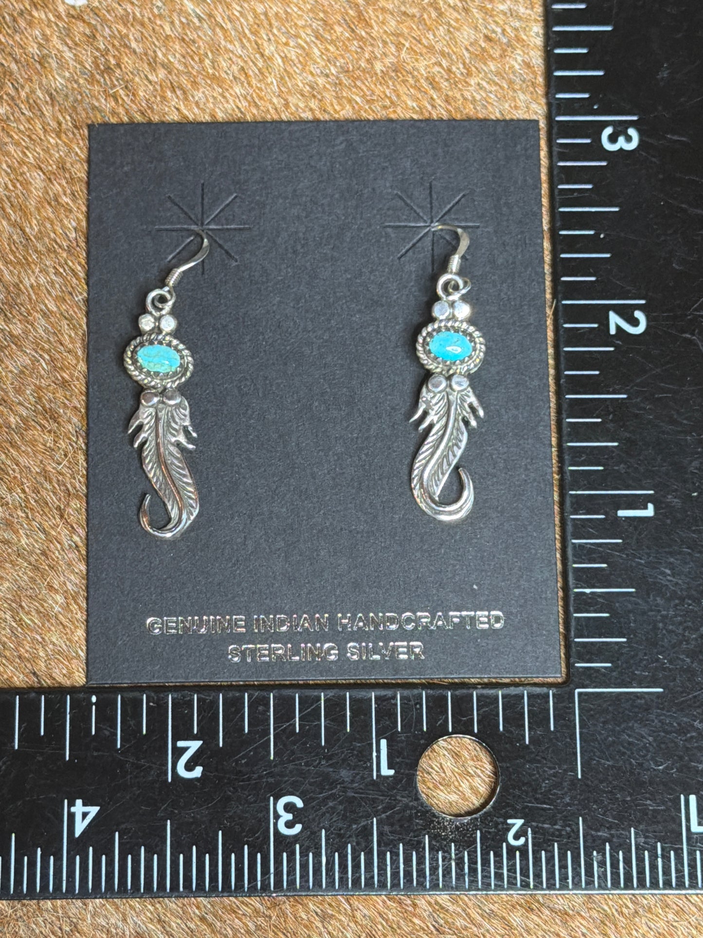 Native Made Turquoise and Silver Feather Earrings