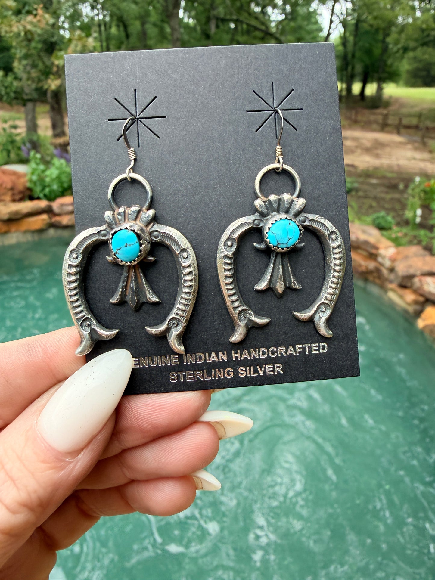 Native Made Naja Turquoise and Beautiful Hand Stamping Sterling Silver Earrings By EL Billah
