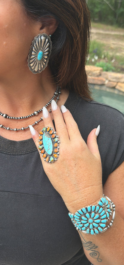 Navajo Made Multi Stone & Sterling Silver Cluster Adjustable Ring