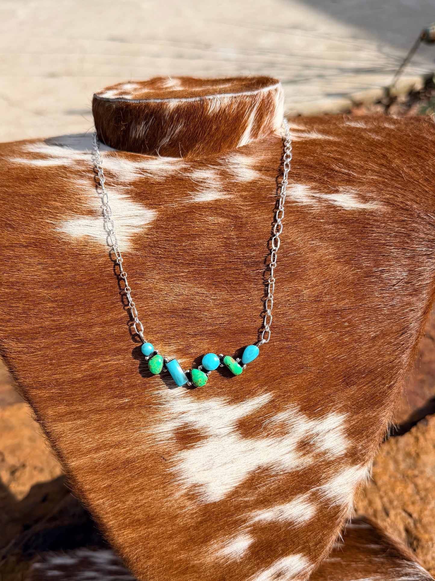 Striking Navajo Green and Bright Blue Turquoise Sterling Silver Necklace by David Lopez
