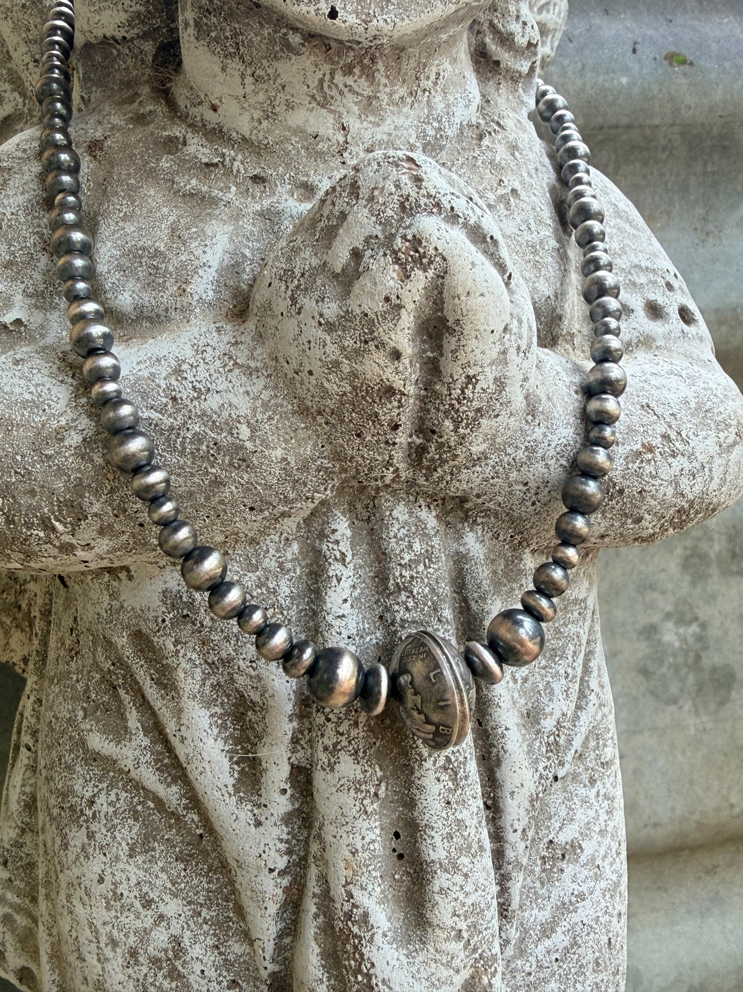 Mercury Dime Coin Necklace with Graduated Round Pearls and Saucers
