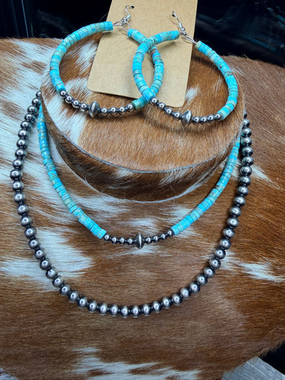 Sterling Silver Pearls and Variscite Turquoise Necklace