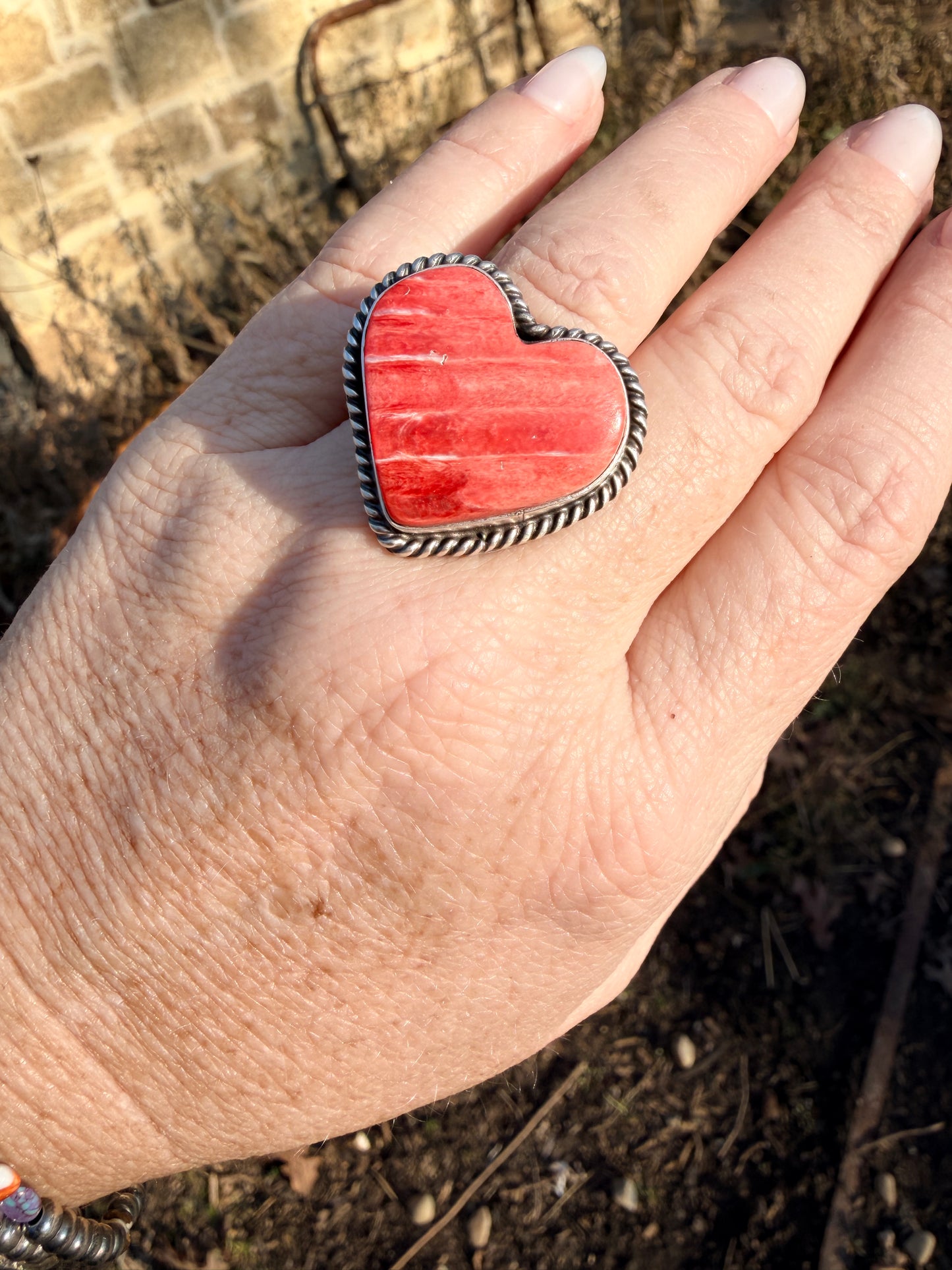 Native Made Orange Spiny Large Heart Adjustable Ring by Dixon