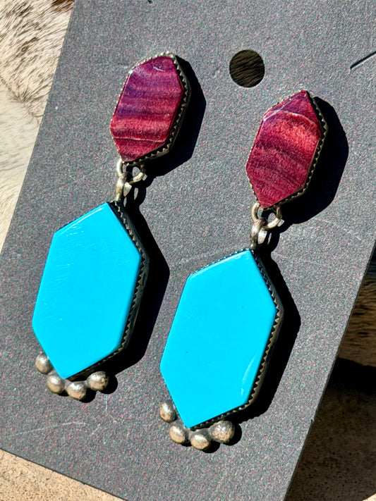 Purple Spiny and Bright Blue Turquoise Earrings by Selena Warner
