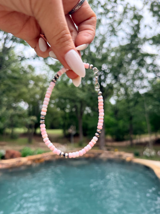 Native Made Sterling Silver Pink Conch Shell & Pearl Beaded Bracelet