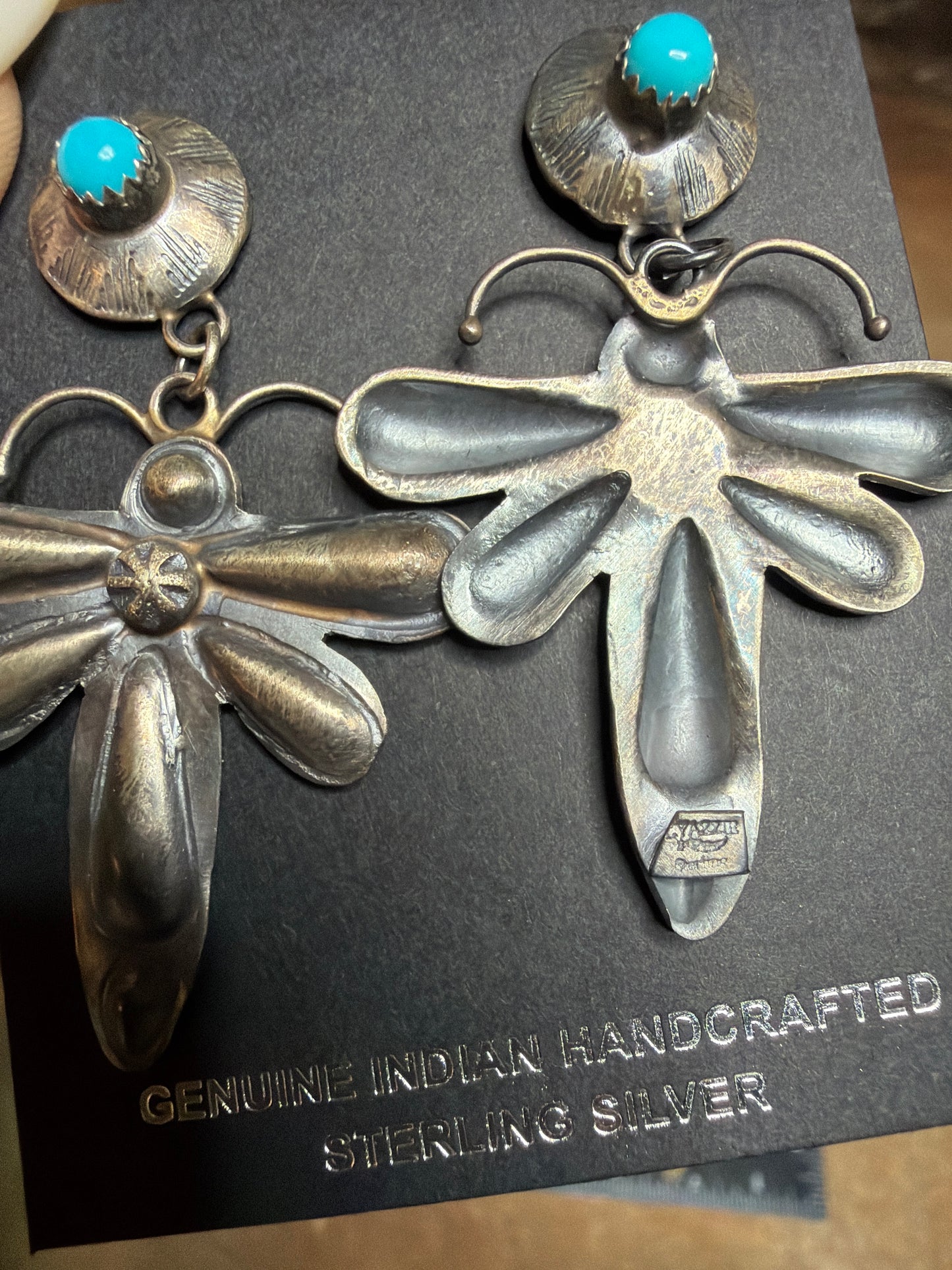 Native Made Kingman Turquoise and Sterling Silver Dragonfly Dangle Earrings by Yazzie